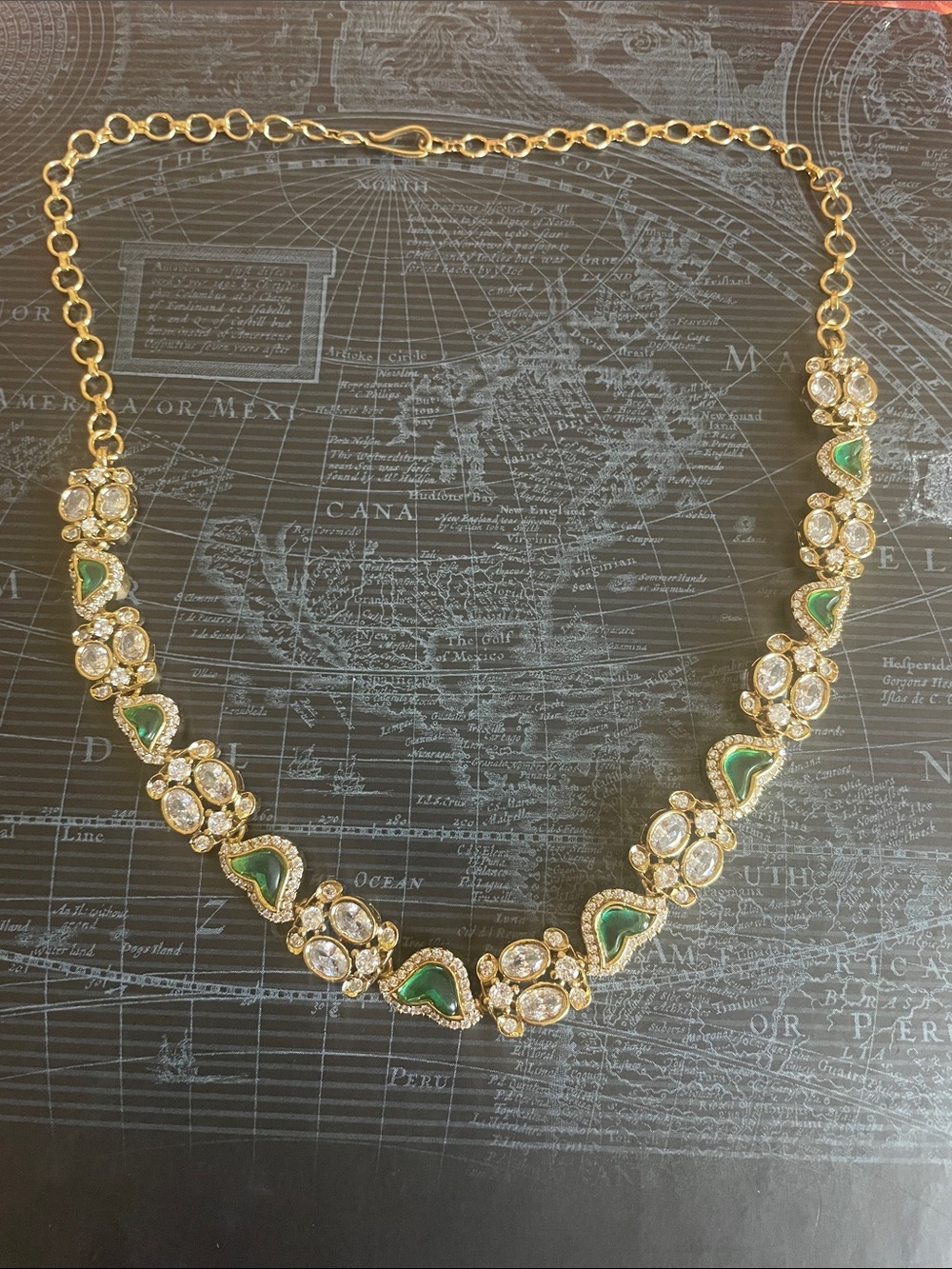 Gold-Tone Necklace with Green and Clear Stones - Women's Jewelry